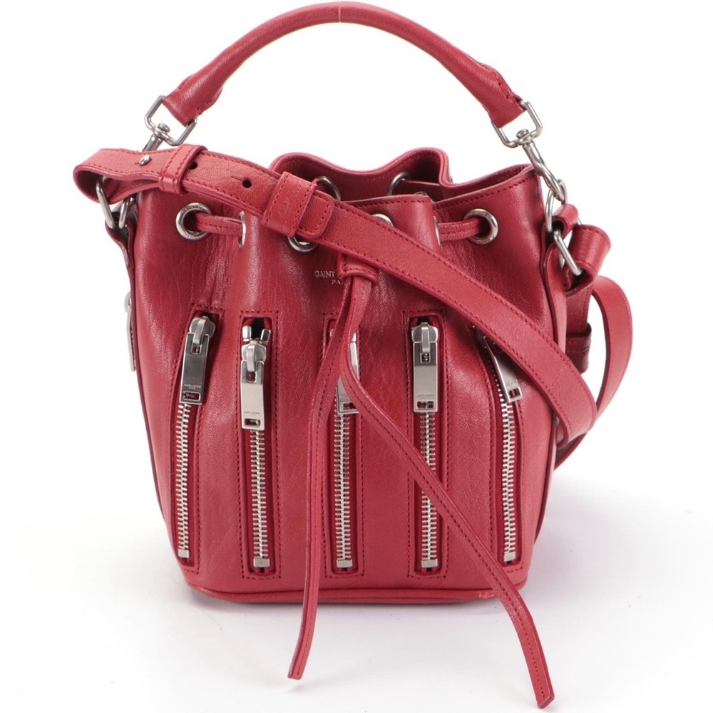 Saint Laurent Emmanuelle Small Zip Detail Convertible Bucket Bag in Red Leather